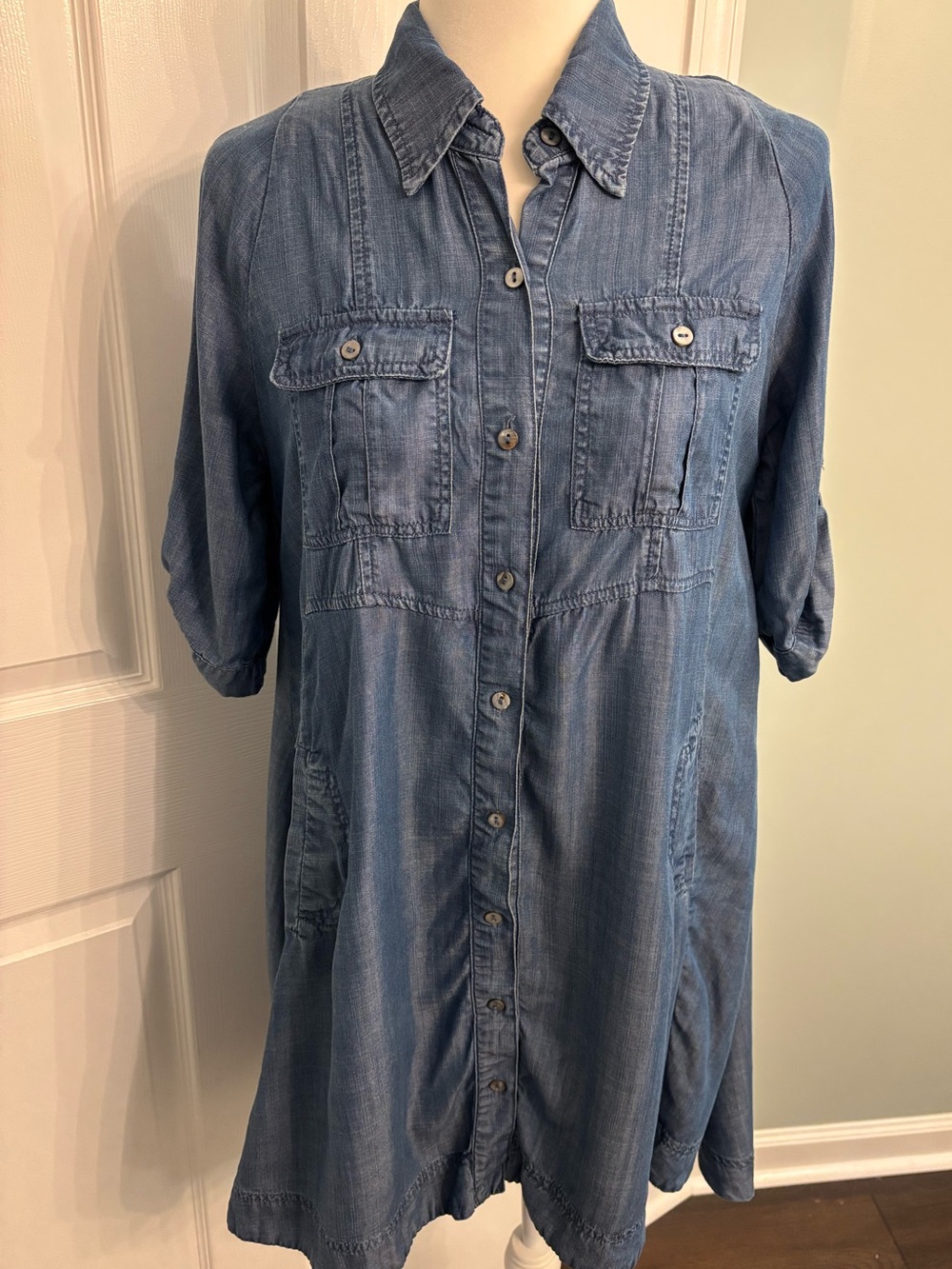 Just Living Chambray Button-Up denim mini dress or tunic in Blue
